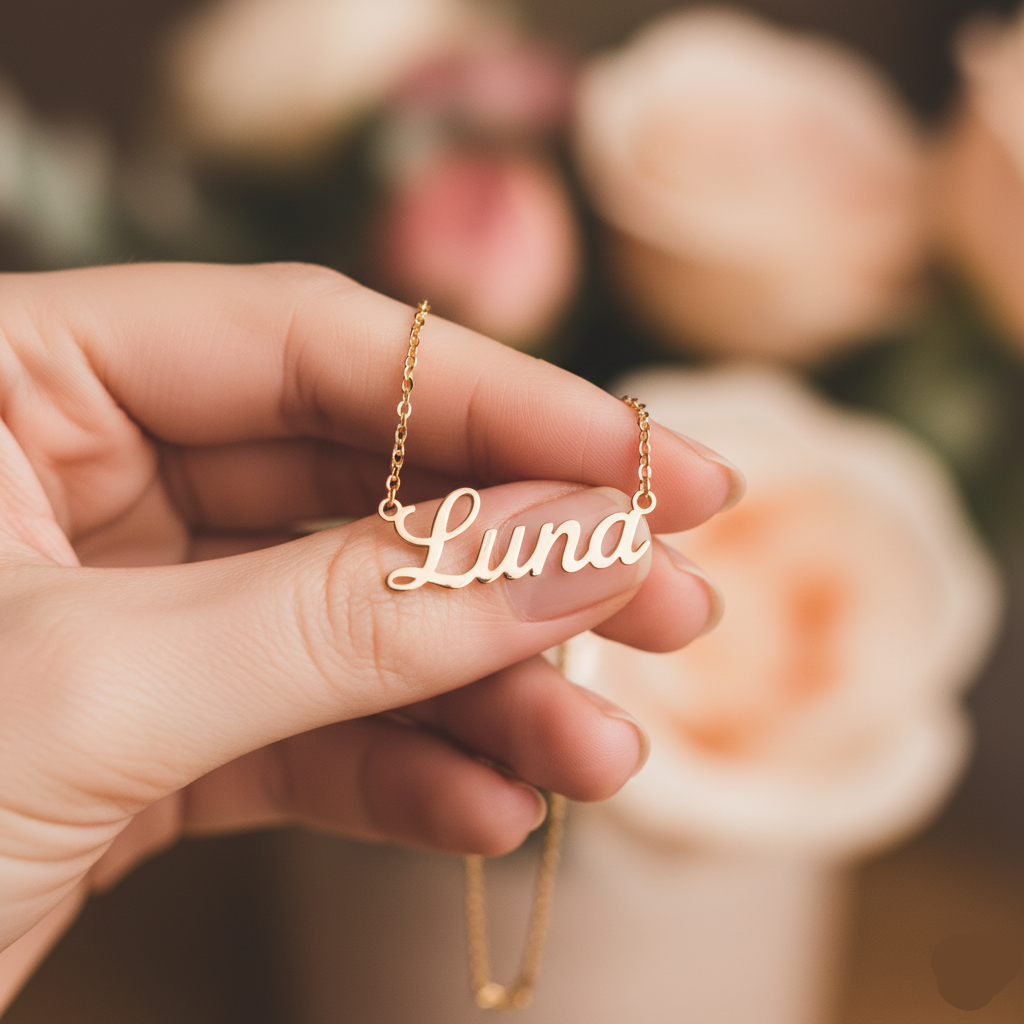 Gold necklace with 'Luna' pendant held by a hand against a blurred background