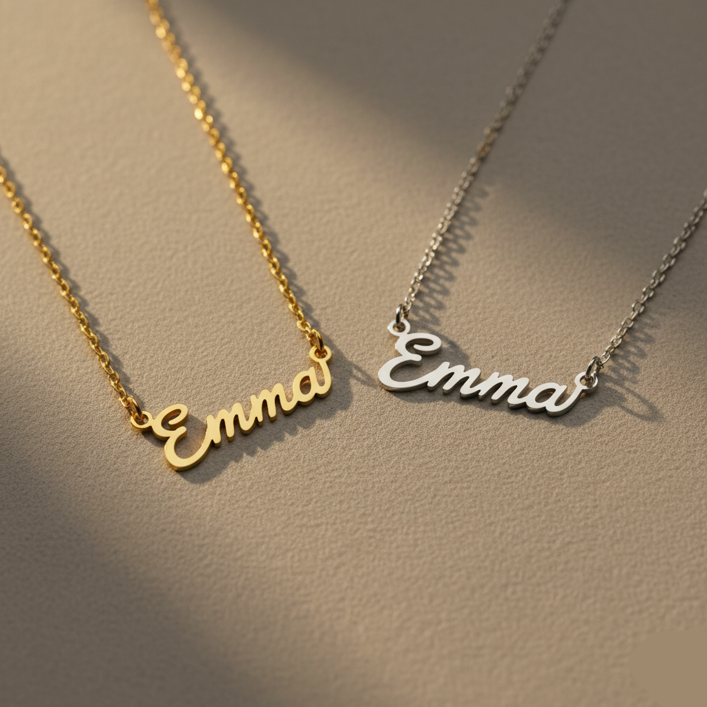 Gold and silver 'Emma' name necklaces on a beige background