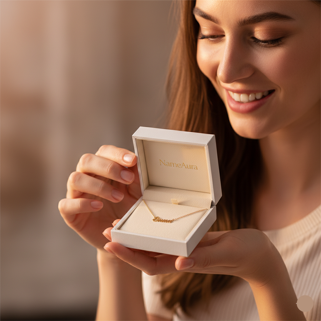 Woman holding a box with a necklace inside, branded 'NanaAra'.