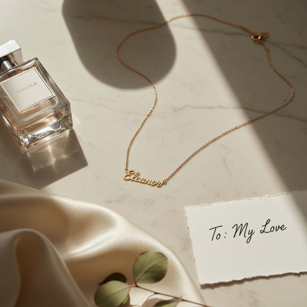 Gold necklace with 'Eleanor' engraving, perfume bottle, and card on marble surface